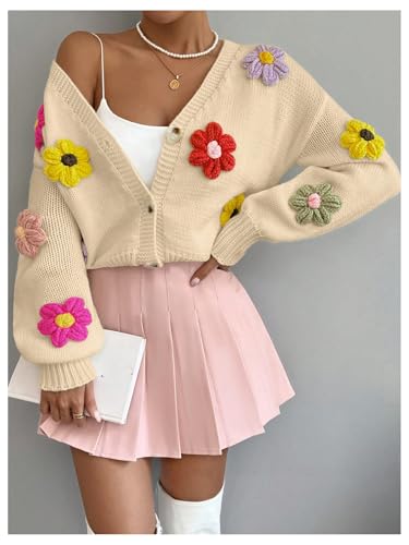 Image of SHENHE Women's Button Down Flower Cardigan V Neck Open Front Knit Crop Cardigan Sweater