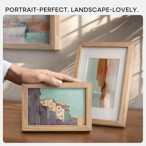 Image of Homeforia 6x6 Picture Frames Wood, High-End Natural Oak 6 x 6 Square Frames with Mat 4 by 4 inch Photo, 6by6 Light Wooden Frames Matted to 4x4 Print, Tabletop Frame, Tempered Glass, Wall Kit, Set of 2