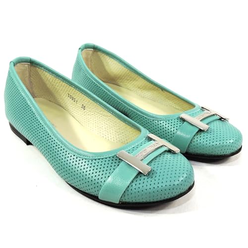 Women's Perforated Leather Ballet Flats, Mint Green, Comfort Loafers with Metal H Buckle, Made in Italy.2