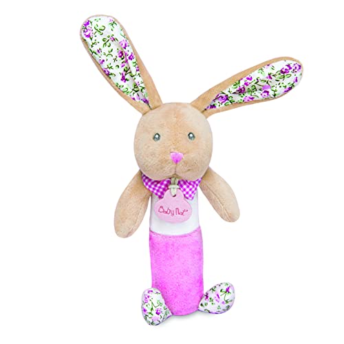 BABY NAT' - Hochet Pouet Lapin Poupi Rose 16 cm - Hochet Naissance Bébé Fille en Peluche - Jouet Eveil Bébé Sonore Facile à Attraper - Hochet Poupi Réconfortant...