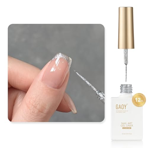 GAOY Silver Glitter Swirl Gel Nail Polish Art Liner, 12ml Sparkly Color Nail Paint Design with Thin Brush, UV Light Cure for DIY French Manicure at Home