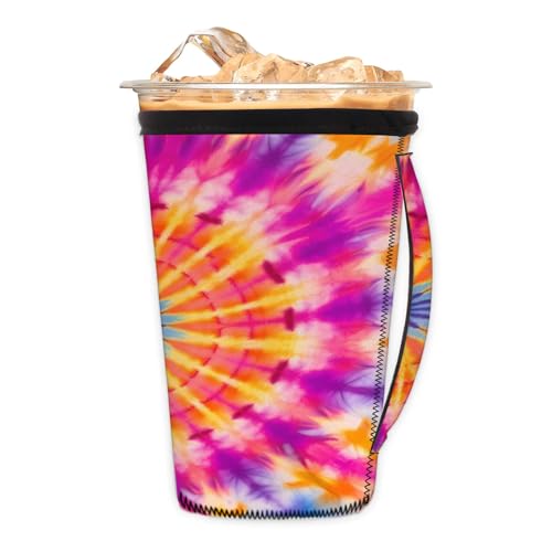 Round Tie Dye Reusable Neoprene Coffee Sleeve with Handle Insulated Iced Coffee Cup Holder Reduces Condensation Fits 24-28 oz Cups M