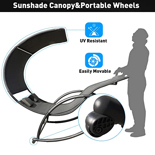 Fadidio Double Chaise Lounge Bed 2-Person Zero Gravity Rocking Bed Outdoor, Portable Double Rocking Loveseat Bed W/Sunshade Removable Pillows Wheels All-Weather, Black #TOP4