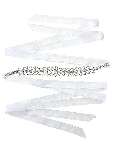 Women's Wedding Leaf Rhinestone Pattern Sash Belt with Mesh Ribbon, Silver-Tone