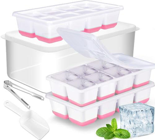 Image of Large Ice Cube Tray with Lid and Bin, Jrisbo Silicone Big Square Ice Cube Molds for Freezer, 3 Pack Stackable Huge Cubed Ice Trays with Ice Tong, Ice Scoop for Whiskey Cocktails Soups Frozen Treats