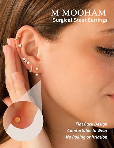 M MOOHAM Flat Back Stud Earring Stack for Women, 14K Gold-Plated Hypoallergenic Stud Earrings Set for Sensitive Ears Cartilage Helix Tragus Huggie Hoop Earrings Trendy Multiple Piercing Jewelry Gifts — view 3