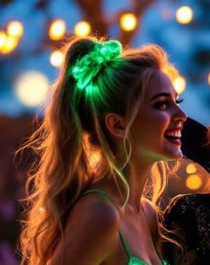 Scrunchie verde tela satinada con tres modos de luz intermitente 6