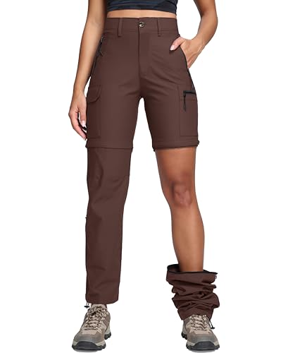 Oalka Women's Cargo Convertible Hiking Pants Zip Off Pockets Coffee M