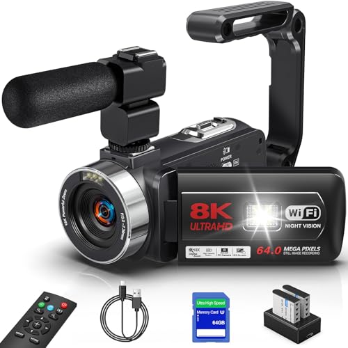 Câmera de vídeo digital 8K, 64MP,Transmissão WiFi, Zoom de 18X，Tela sensível ao toque de 3,0 polegadas, visão noturna infravermelha,64 GB, microfone externo, controle remoto, duas baterias