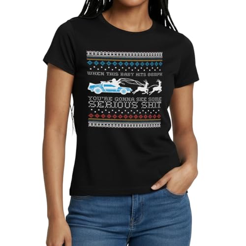 Spreadshirt Back to The Future Delorean Ugly Christmas Design Women's T-Shirt, XXL, Black