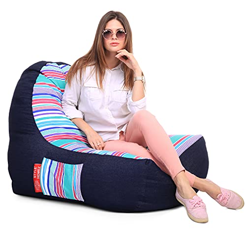 Image of Style Homez Urban Design Denim Canvas Stripes Printed Chair Bean Bag XXL Size Filled with Beans Fillers