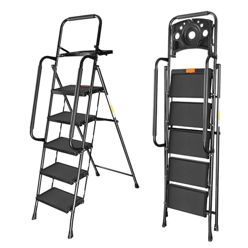 Valeo 5 Step Ladder with Handrails,500 Lbs Capacity,Folding Step Stool Ladder with Tool Platform,Wide Anti-Slip Pedal,Step Ladder 5 Step Folding,Multi-use for Home,Kitchen,Office,Black