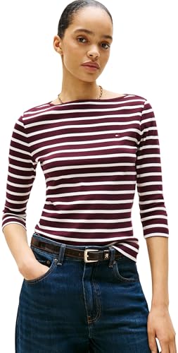 Tommy Hilfiger Damen Langarmshirt New Cody Slim U-Boot-Ausschnitt, Mehrfarbig (Deep Burgundy/Ecru STP), XXS 1
