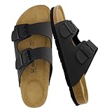 CUSHIONAIRE Lane Cork Footbed Mens Sandals, Adjustable Buckle Comfort Slides for Men, Genuine Leather Insole Summer Sandals Men Footwear, BLACK 10