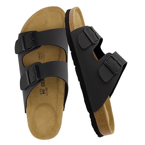 Image of CUSHIONAIRE Lane Cork Footbed Mens Sandals, Adjustable Buckle Comfort Slides for Men, Genuine Leather Insole Summer Sandals Men Footwear, BLACK 9