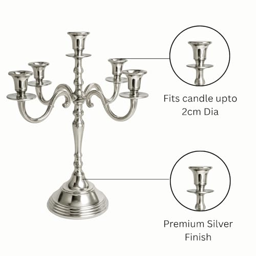 Image of Decorative Aluminum Silver Plated Five Arm Candle Holder Stand for Home & Hall Decore (14 inch * 14 inch * 24 inch)(Size:Large)