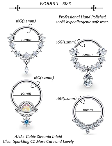 Vsnnsns Septum Rings 16G Stainless Surgical Steel Septum Piercing Jewelry Clicker Septum Rings Hinged Segment Septum Nose Rings Hoop Piercing Jewelry for Women Men Silver Black Rose Gold 10mm2