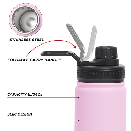 Hydrate Water Bottle Insulated - Stainless Steel 34oz Water Bottles - Large 1L Reusable Flask with Leak-Proof Design and Convenient Handle - Double Vacuum Insulated Water Bottle 34 oz