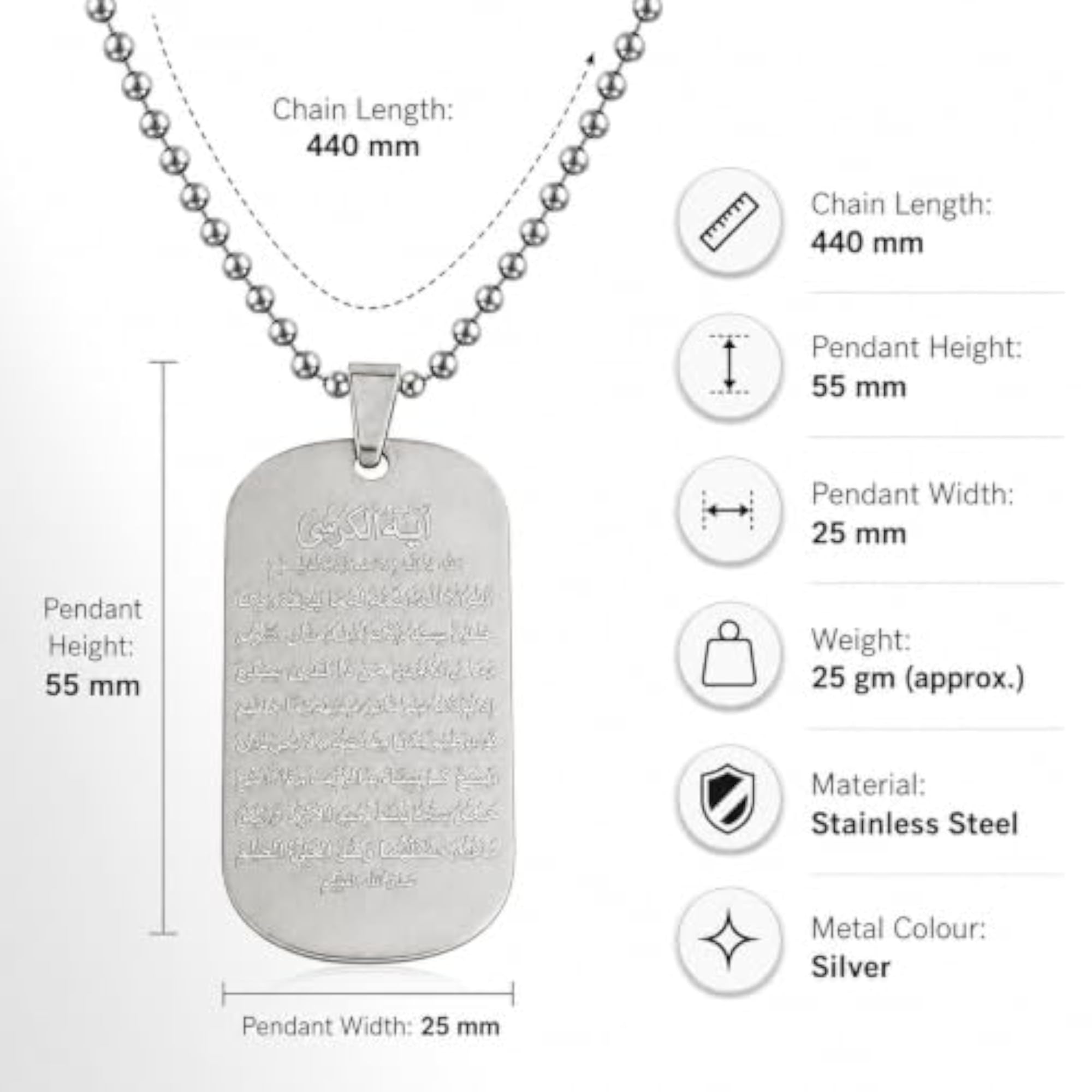 Islamic Allah Necklace, Silver Stainless Steel Design