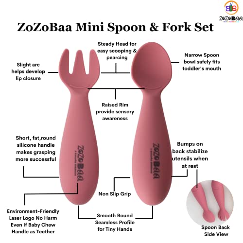Image of Baby Weaning Spoon & Fork Set, Chewable Silicone Utensils for Training Infants, Baby Led Self Feeding, 6 M+| Gum Friendly, BPA Free, Dishwasher Safe, Unbreakable, 1 Pair, Dark Red