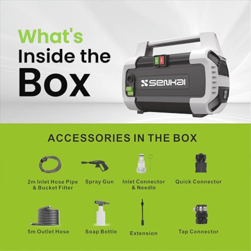Image of Senkai Portable DODZE S1 Car Washer High Pressure Machine | 1800W 140 Bar Max Pressure 7 L /min Flow Rate with On /Off Switch | 5m Outlet Hose Pressure Washer for car Bike and Home Cleaning