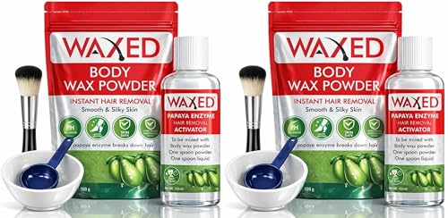 Image of WAXED Body Wax Powder Waxing Kit for Women | Instant Hair Removal | Papaya Enzyme Activator | Full Body Wax | 100g Powder + 100ml Activator | With Bowl, Spoon & Brush Included.(Pack of 2)