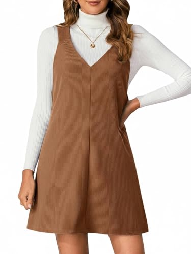 Image of Milumia Women V Neck Corduroy Overall Dress 2026 Spring Mini Pinafore Jumper Dress