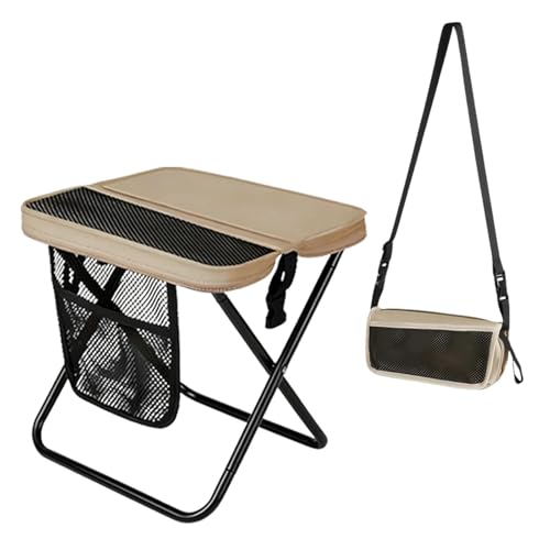 Image of Portable Folding Stool - 16 inch Tall Collapsible Backpack Stool with Storage Pouch, Hands-Free Carry & Supports 300 lbs, Ultralight for Hiking, Fishing, Camping, Festivals (Khaki, Large)