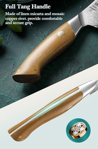 HEZHEN Kitchen Utility Knife, 5.5 Inches, 67 Layers Damascus Steel Small Chef Knife, Multifucational Paring Knife for Chefs and Home Cooking, Ultra-Sharp Blade with Linen Micarta Handle, Gift Packing - Image 4