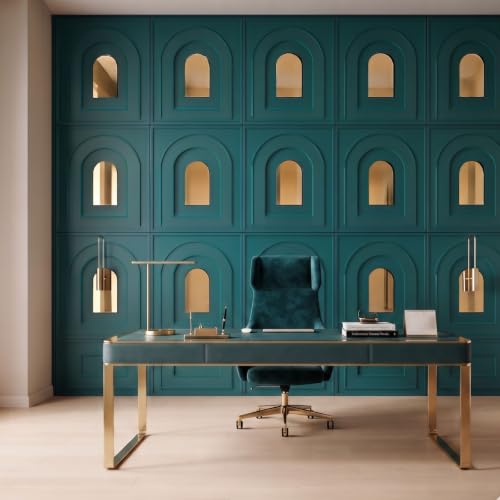 Image of Kayra Decor 3D PVC Wall Panels - Archi Design, Mirror Teal Green Color, 19.7 inch x 19.7 inch (Pack of 40) | Covers 107.60 Sq. Ft. |