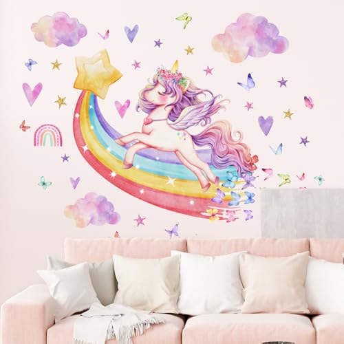 Yunkctuk Pegatinas Pared Decorativas Arcoíris, Unicornio Papel Pintado Infantil, Mariposas Vinilo Pared Dormitorio, Vinilos Decorativos para Guardería Sala Estar Niñas Bebé Cuarto de Juegos