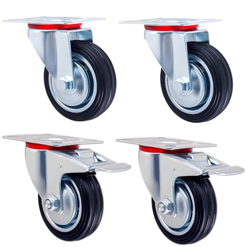 3インチ 自在キャスター 4個セット 静音ゴム 2個ストッパー付き 台車 車輪 ゴム メタルラック タイヤ 家具用 最大 50kg 耐荷重