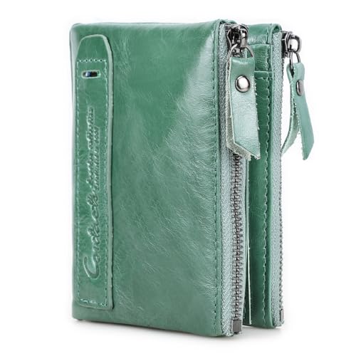 Image of CONTACTS Soft Leather Wallet for Women Small Bifold Coin Purse Double Zipper Card Holder with RFID Blocking (Teal Green)