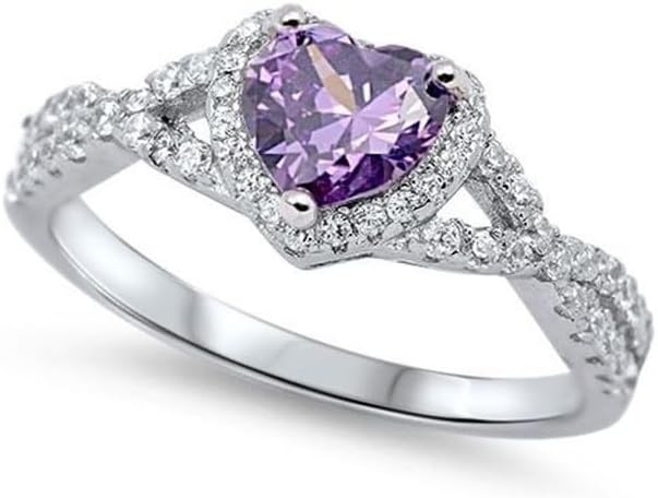 Omkar Creations 14K White Gold Plated 925 Sterling Silver Heart Cut Created Violet Amethyst and White Diamond Halo Wedding Engagement Ring (1.80 CT)