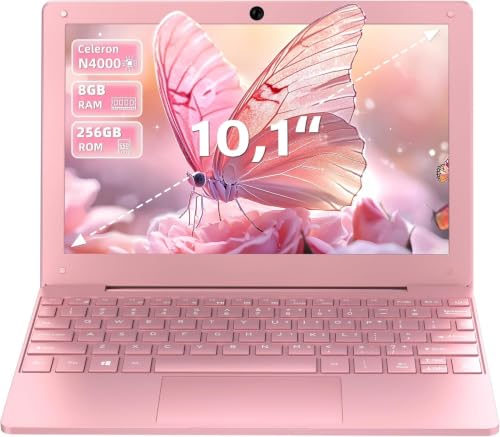 Image of 10.1-inch Portable Mini Pink Laptop Computer, DDR4 8GB RAM, 256GB SSD, Celeron N4000, Built-in Webcam, Notebook with WiFi, HDMI, Bluetooth, Type-C Charging, Easy to Carry (Pink)