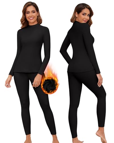 WOWENY Mock Neck Thermal Underwear Set For Women Long Johns Base Layer Fleece Lined Top And Bottom Cold Weather