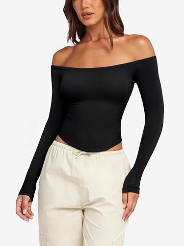 LASLULU Womens Sexy Off The Shoulder Long Sleeve Workout Tops Strapless T Shirts Crop Top Casual Fall Outfits2
