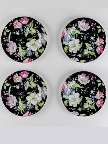GOLDEN QUEEN'S Snack Plates Set of 4 | Perfect for Snacks, Desserts, Appetizers, Salads, Tapas, Cheese | 7 inches Wide | Microwave Safe (Garden Splendor in Black)