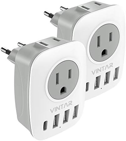 [2-Pack] European Travel Plug Adapter, VINTAR International Power Plug Adapter with 1 USB C, 2 American Outlets and 3 USB Ports, 6 in 1 Travel Essentials to Most of Europe Greece, Italy(Type C)