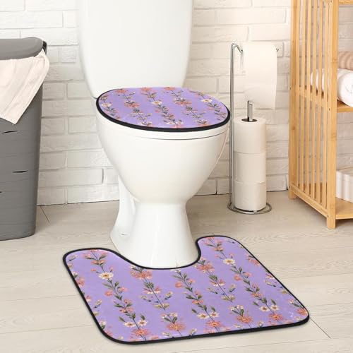 2 Pieces Flannel Toilet Contour Mat and Toilet Lid Cover, Soft Toilet Lid Cover Set Machine Washable Non Slip Contour Mat for Bathroom Decor Accessories