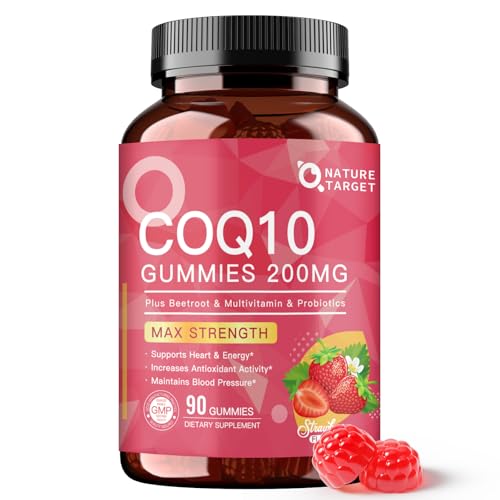 NATURE TARGET CoQ10 Gummies 200mg Coenzyme Q10 Supplement with Multivitamins Beetroot probiotics for Heart & Energy Support Powerful Antioxidant Natural Strawberry Flavor Non-GMO 90 Gummies