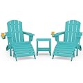 SERWALL 5-Piece Folding Adirondack Chair and Ottoman and Table Set, HDPE Adjustable Adirondack Chairs Set, Aruba