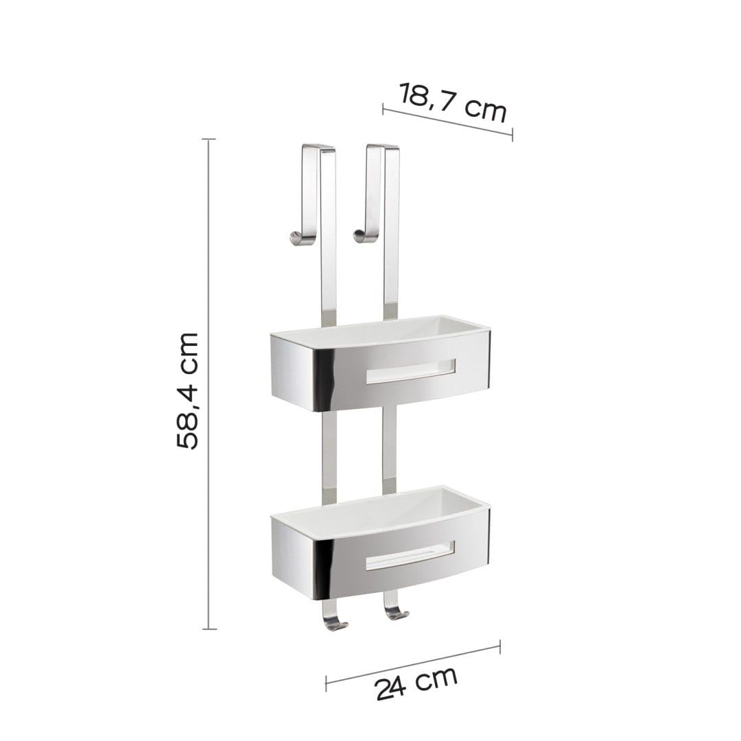 Kiamami Valentina Portaoggetti Doccia Doppia Griglia Acciaio Cromato Peonia | Da appendere senza fori, acciaio inox AISI 304, inserti bianchi, 2 griglie, 24x58,4x18,7 cm, ganci multiuso