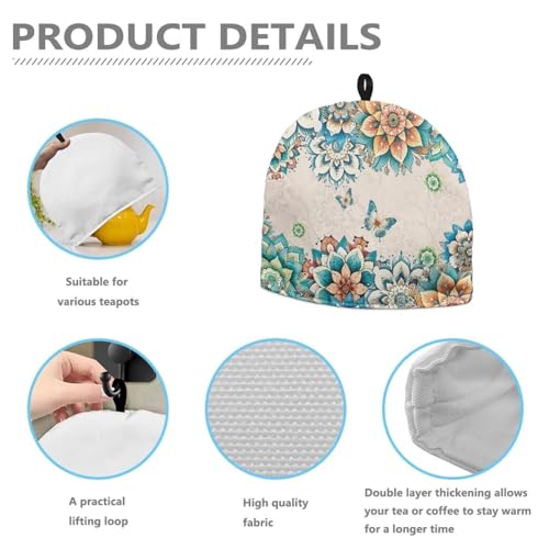 Image of Tea Cozy Tea Pot Cosy Insulating Thermal Tea Kettle Quilt Breakfast Warmer Thick Wadding Teapot Warmer for Teapot Decor Home Kitchen Decoration, Boho Flower Butterfly