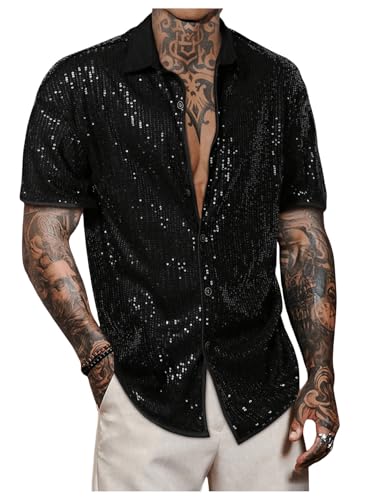 VIPWOLF Men's Sequin Button Down Shirts Sparkle 70s Disco Short Sleeve Party Shirt Tops Black Large