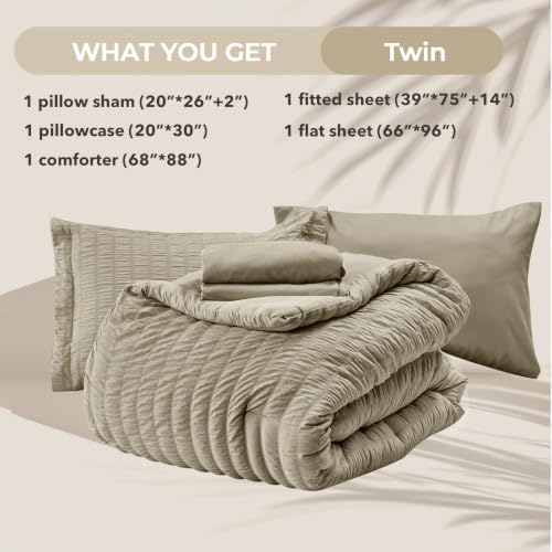 Image of HYMOKEGE Linen Twin Comforter Set Seersucker 5 Pieces, All Season Luxury Bed in a Bag for Bedroom, Bedding Set with Comforter, Sheets, Pillowcase & Sham