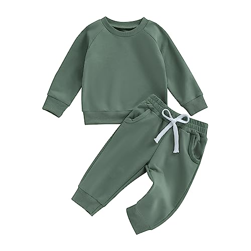 Image of Thorn Tree Toddler Baby Boys Fall Outfits Long Sleeve Pull On Sweatshirt Elastic Waist Pants 2Pcs Solid Clothes Set