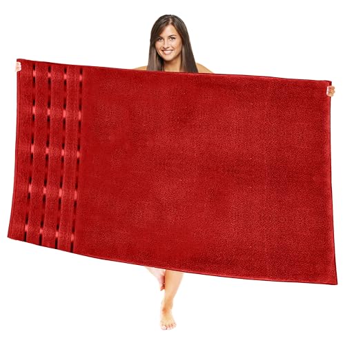 Image of Elegant Comfort 100% Turkish Cotton 4 Lines Viscose Stripe Jumbo Bath Towel - Hotel Spa Quality Extra Large 35 x 70 Inch Bath Towel Ultra Soft, Super Absorbent Quick Dry Large Bath Towel, Red