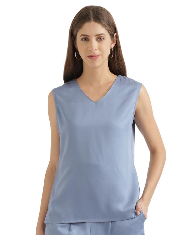Image of SAADAA V-Neck Tops for Women| Viscose Fabric | Sleeveless Design | Relaxed Fit for Everyday Comfort | Office & Casual Wear