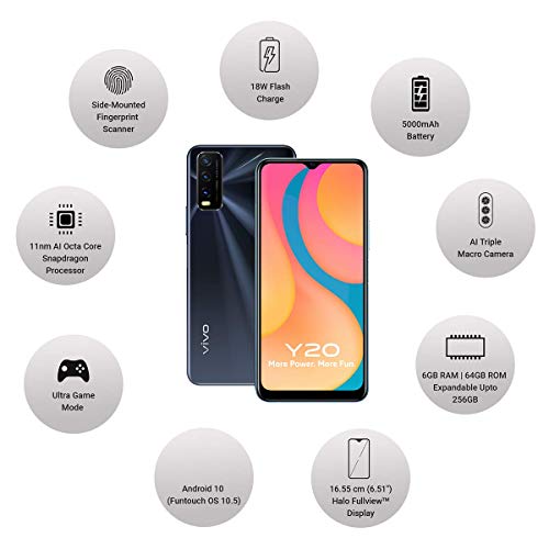 Image of Vivo Y20 (Obsidian Black, 6GB RAM, 64GB Storage) with No Cost EMI /Additional Exchange Offers
